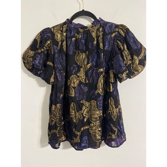 SEA NEW YORK Metallic Floral Puff Sleeve Blouse | Shimmer Dressy Top size Small - Picture 7 of 12